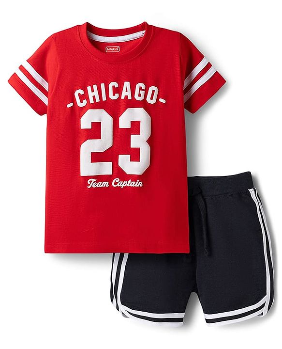 Babyhug Single Jersey Knit Half Sleeves T-Shirt & Shorts Set With Chicago Print - Red