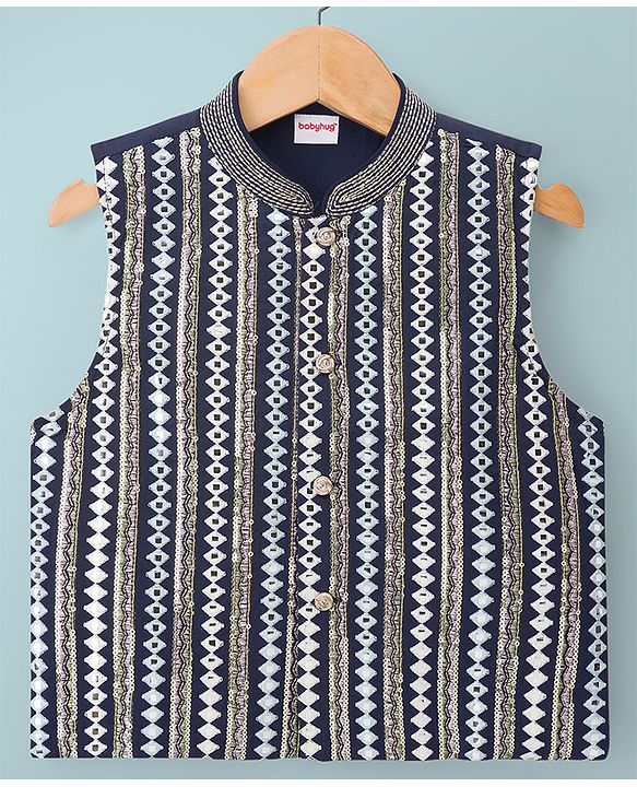 Babyhug Woven Full Sleeves Solid Colour Kurta Pyjama Set with Embroidered Jacket - Navy