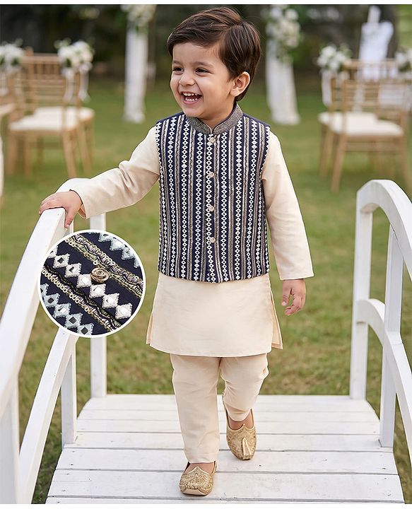 Babyhug Woven Full Sleeves Solid Colour Kurta Pyjama Set with Embroidered Jacket - Navy