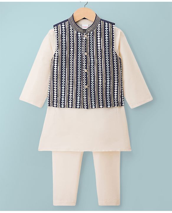 Babyhug Woven Full Sleeves Solid Colour Kurta Pyjama Set with Embroidered Jacket - Navy