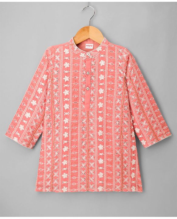 Babyhug Georgette Woven Full Sleeves Kurta Dhoti Set with Floral Embroidery & Sequin Detailing - Pink