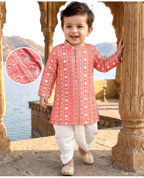 Babyhug Georgette Woven Full Sleeves Kurta Dhoti Set with Floral Embroidery & Sequin Detailing - Pink