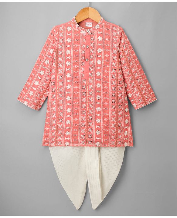 Babyhug Georgette Woven Full Sleeves Kurta Dhoti Set with Floral Embroidery & Sequin Detailing - Pink