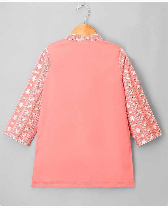 Babyhug Georgette Woven Full Sleeves Kurta Dhoti Set with Floral Embroidery & Sequin Detailing - Pink