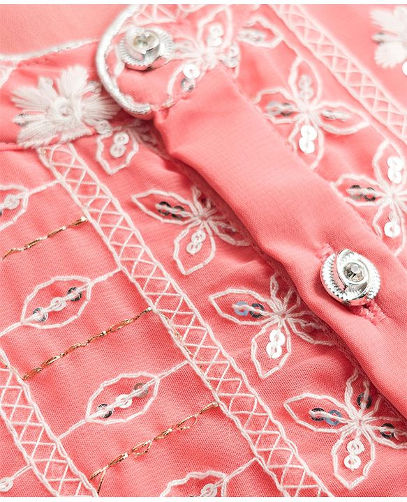 Babyhug Georgette Woven Full Sleeves Kurta Dhoti Set with Floral Embroidery & Sequin Detailing - Pink