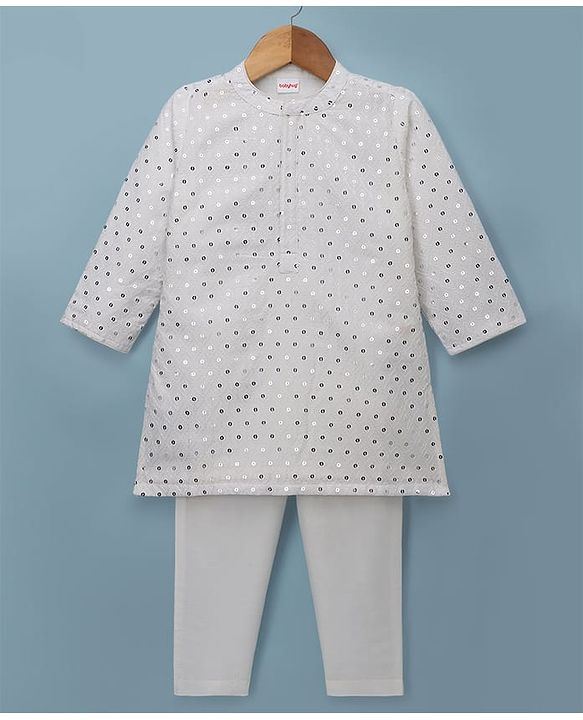 Babyhug Georgette Woven Full Sleeves Kurta Pyjama Set with Sequin Detailing - White
