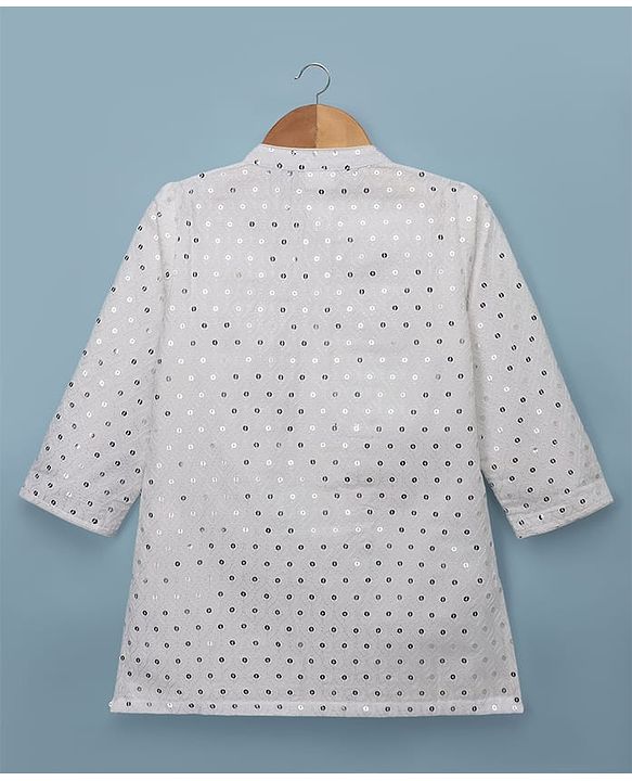 Babyhug Georgette Woven Full Sleeves Kurta Pyjama Set with Sequin Detailing - White