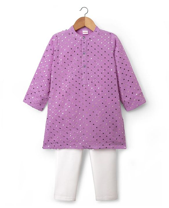 Babyhug Georgette Woven Full Sleeves Kurta Pyjama Set with Sequin Detailing - Purple