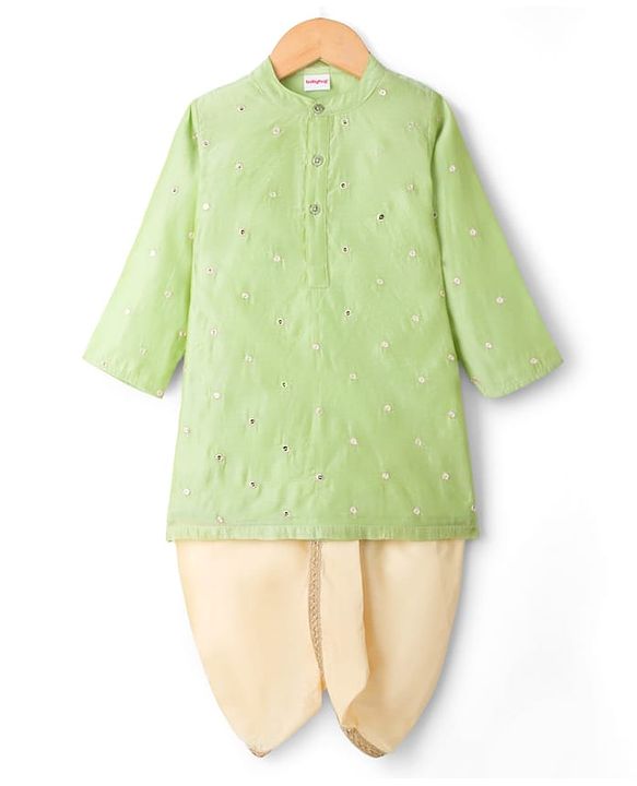 Babyhug Cotton Blend Woven Full Sleeves Kurta Dhoti Set with Embroidery - Green