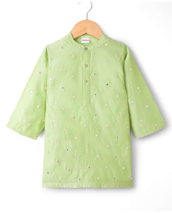 Babyhug Cotton Blend Woven Full Sleeves Kurta Dhoti Set with Embroidery - Green