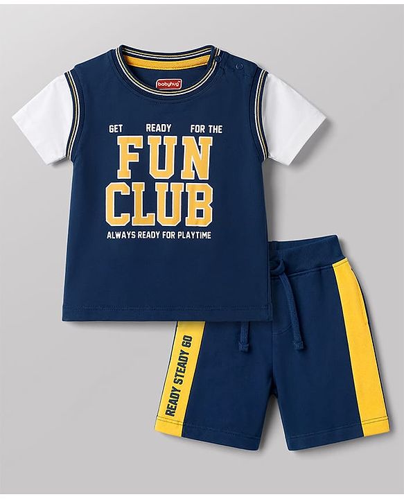 Babyhug Single Jersey Knit Half Sleeves Text Printed T-Shirt & Shorts Set - Multicolor
