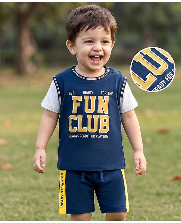 Babyhug Single Jersey Knit Half Sleeves Text Printed T-Shirt & Shorts Set - Multicolor