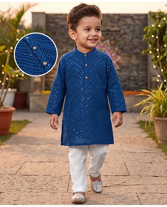 Babyhug Georgette Woven Full Sleeves Kurta Pyjama Set With Embroidery - Navy Blue