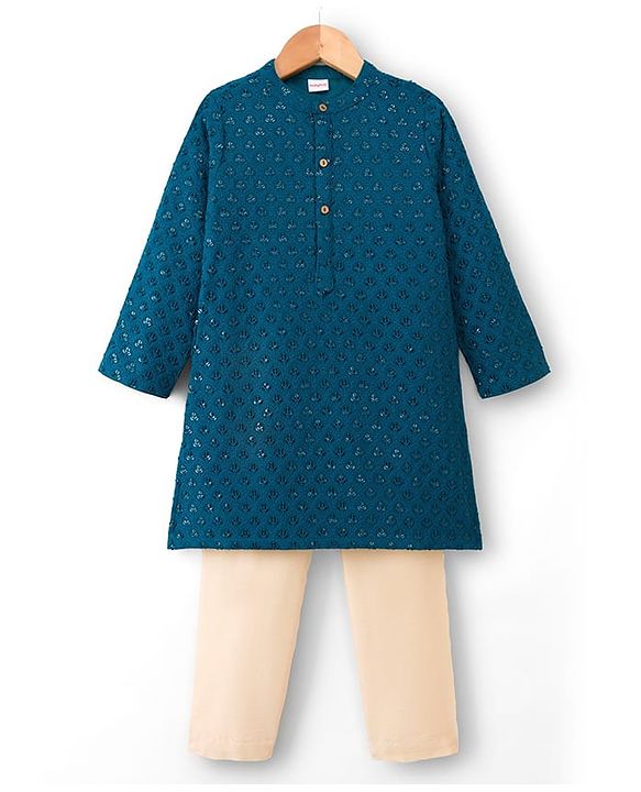 Babyhug Georgette Woven Full Sleeves Kurta Pyjama Set With Embroidery - Teal Blue