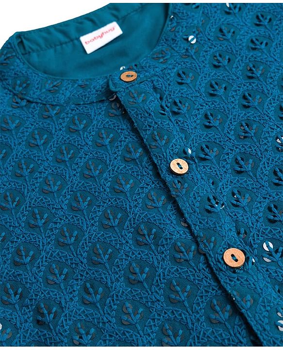 Babyhug Georgette Woven Full Sleeves Kurta Pyjama Set With Embroidery - Teal Blue
