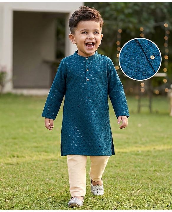 Babyhug Georgette Woven Full Sleeves Kurta Pyjama Set With Embroidery - Teal Blue