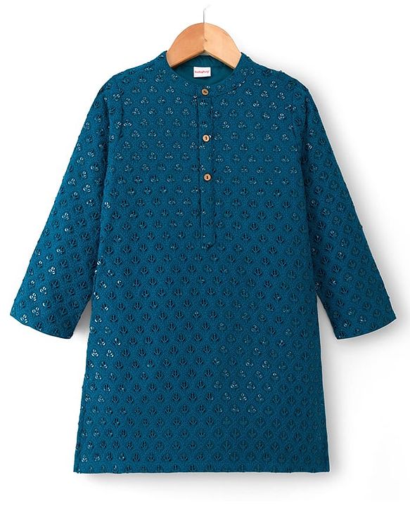 Babyhug Georgette Woven Full Sleeves Kurta Pyjama Set With Embroidery - Teal Blue