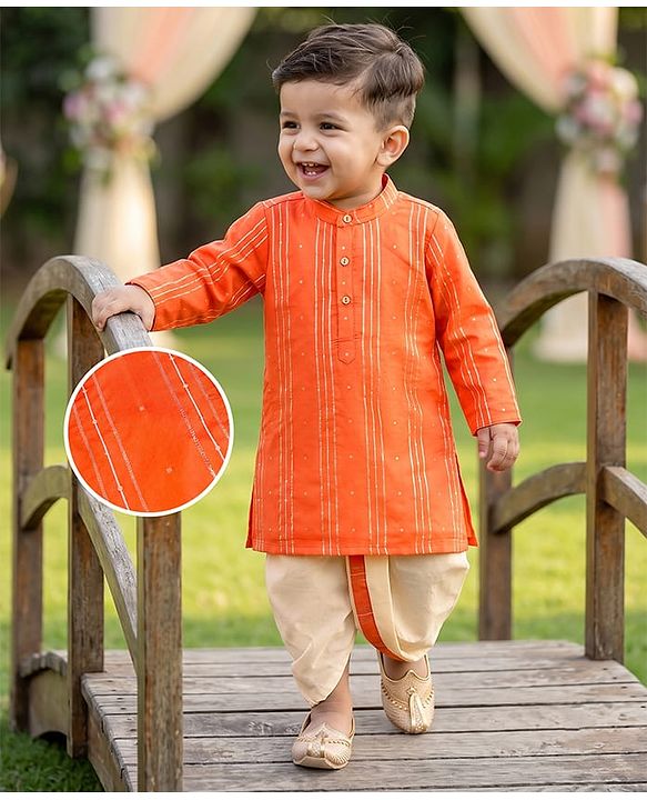 Babyhug Cotton Blend Woven Full Sleeves Foil Printed Dhoti Kurta Set - Orange