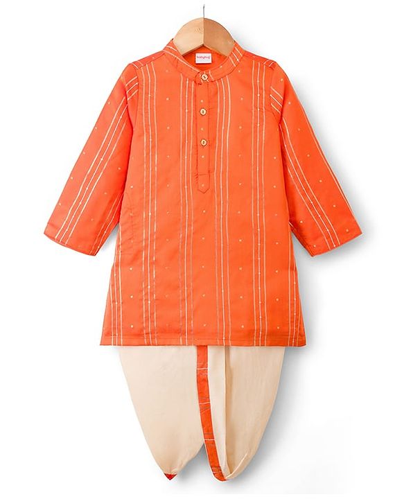 Babyhug Cotton Blend Woven Full Sleeves Foil Printed Dhoti Kurta Set - Orange