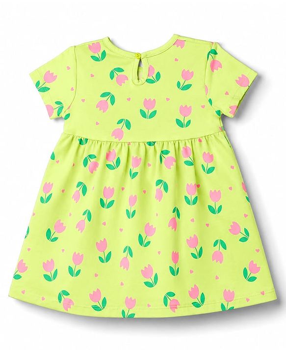 Babyhug 100% Cotton Knit Half Sleeves Floral Printed Frock With Bloomer - Neon Green