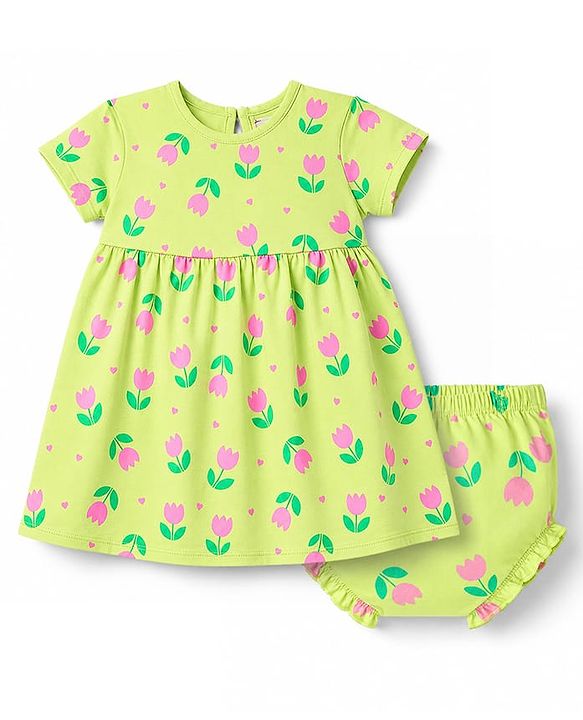 Babyhug 100% Cotton Knit Half Sleeves Floral Printed Frock With Bloomer - Neon Green
