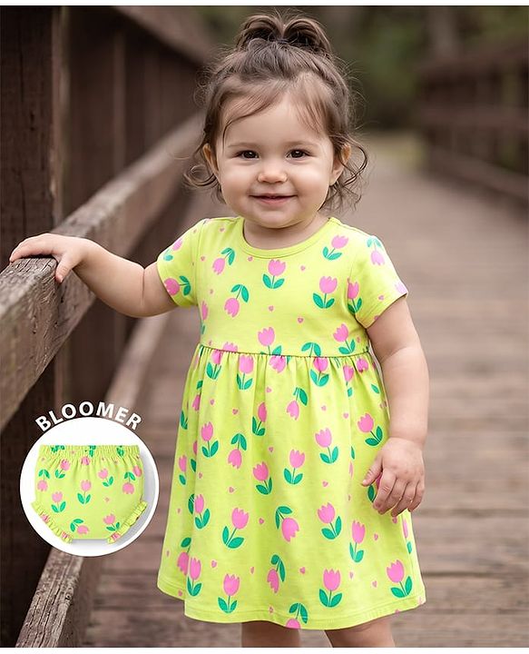 Babyhug 100% Cotton Knit Half Sleeves Floral Printed Frock With Bloomer - Neon Green