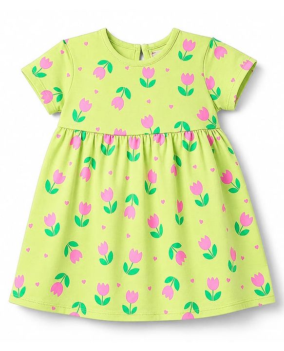 Babyhug 100% Cotton Knit Half Sleeves Floral Printed Frock With Bloomer - Neon Green