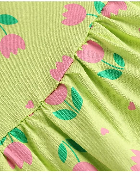 Babyhug 100% Cotton Knit Half Sleeves Floral Printed Frock With Bloomer - Neon Green