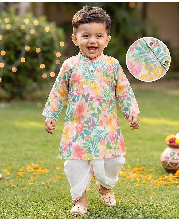 Babyhug Cambric Woven Full Sleeves Kurta Dhoti Set With Foil Floral Print - Multicolor