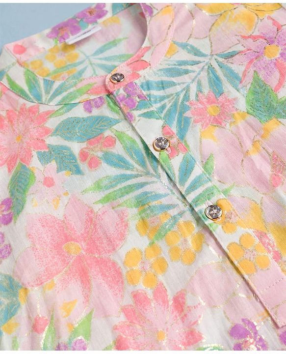 Babyhug Cambric Woven Full Sleeves Kurta Dhoti Set With Foil Floral Print - Multicolor