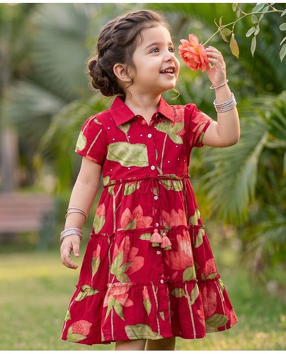 Babyhug Cambric Woven Half Sleeves Ethnic Dress with Leaf Print - Red