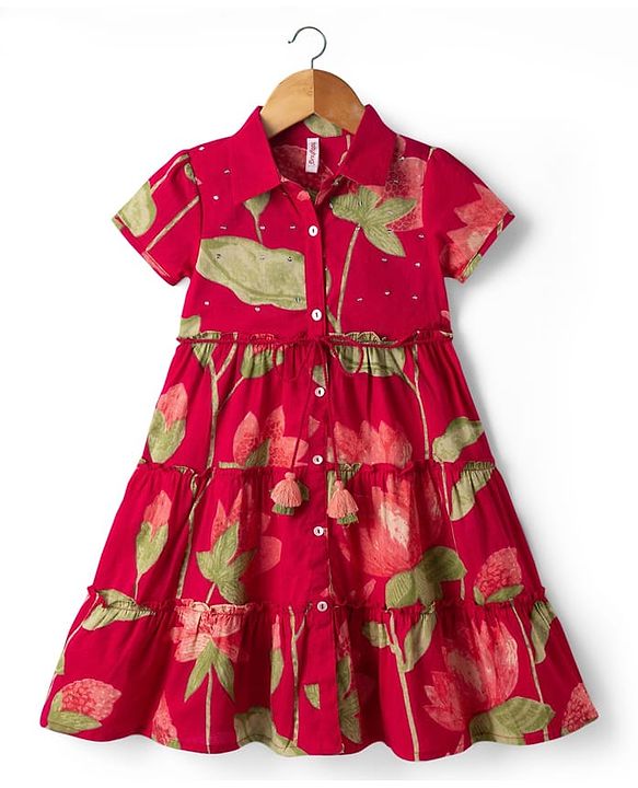 Babyhug Cambric Woven Half Sleeves Ethnic Dress with Leaf Print - Red