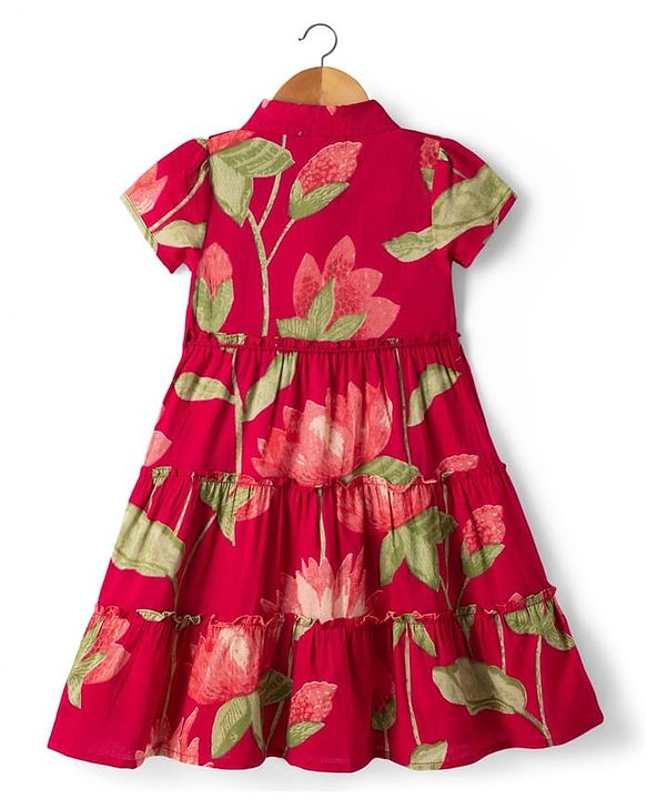 Babyhug Cambric Woven Half Sleeves Ethnic Dress with Leaf Print - Red