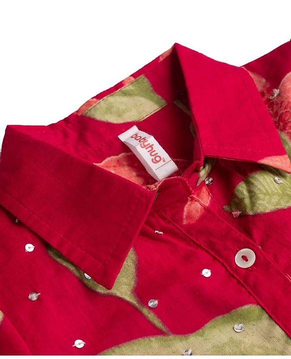 Babyhug Cambric Woven Half Sleeves Ethnic Dress with Leaf Print - Red