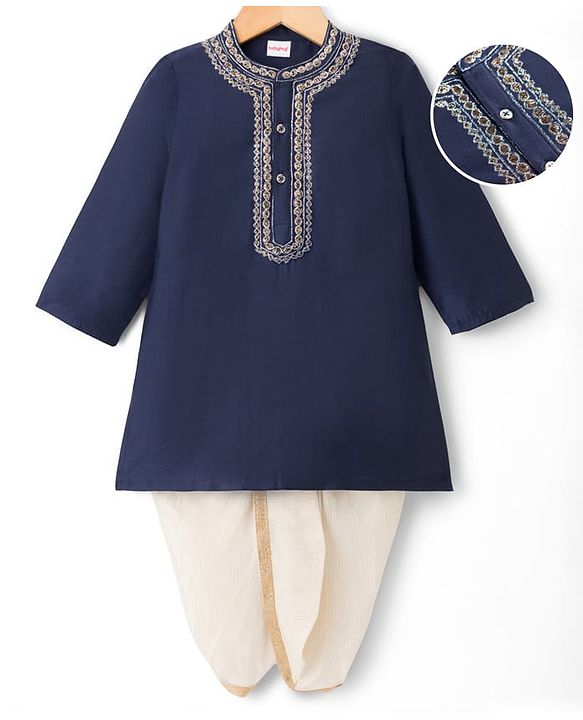 Babyhug Cotton Woven Full Sleeves Embroidered Kurta & Dhoti Set - Navy Blue