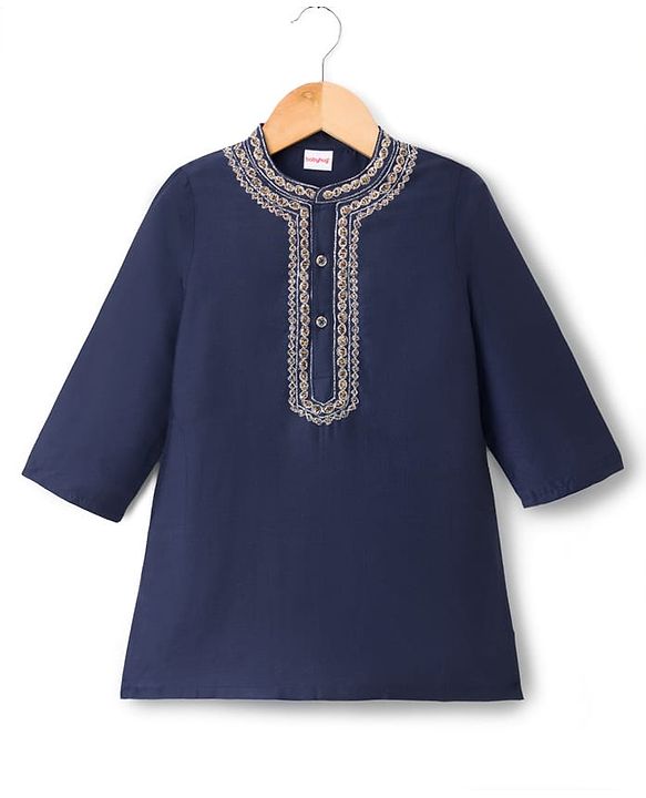 Babyhug Cotton Woven Full Sleeves Embroidered Kurta & Dhoti Set - Navy Blue