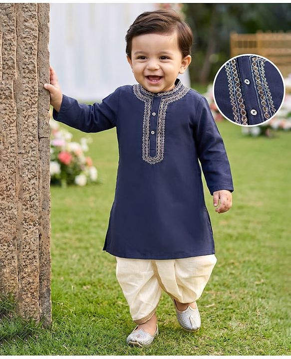 Babyhug Cotton Woven Full Sleeves Embroidered Kurta & Dhoti Set - Navy Blue