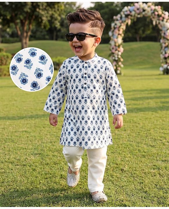 Babyhug Cambric Woven Full Sleeves Kurta Pyjama Set with Floral Print - White