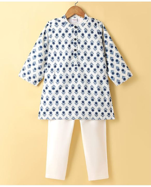 Babyhug Cambric Woven Full Sleeves Kurta Pyjama Set with Floral Print - White