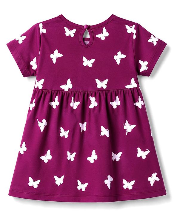 Babyhug Cotton Knit Frocks with Bloomer/Short, Butterfly Print, Round Neck Purple 0-0 Months