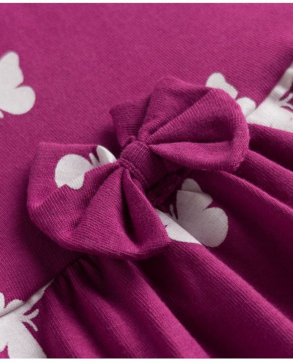 Babyhug Cotton Knit Frocks with Bloomer/Short, Butterfly Print, Round Neck Purple 0-0 Months
