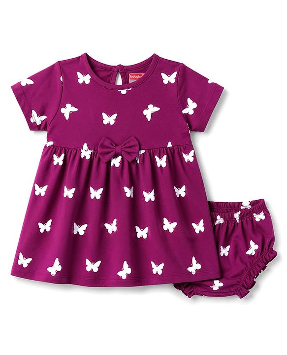 Babyhug Cotton Knit Frocks with Bloomer/Short, Butterfly Print, Round Neck Purple 0-0 Months