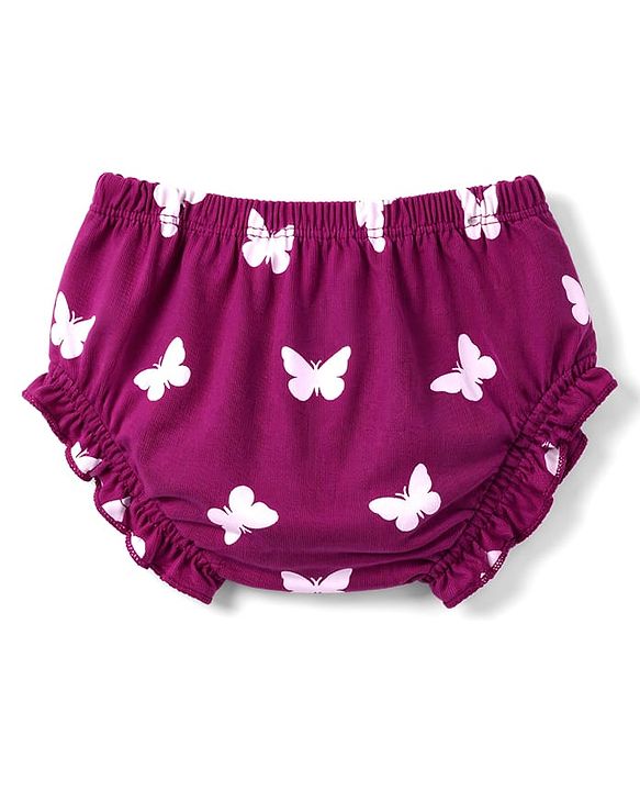 Babyhug Cotton Knit Frocks with Bloomer/Short, Butterfly Print, Round Neck Purple 0-0 Months