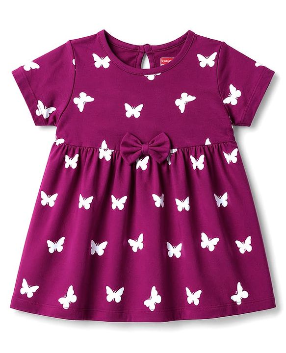 Babyhug Cotton Knit Frocks with Bloomer/Short, Butterfly Print, Round Neck Purple 0-0 Months