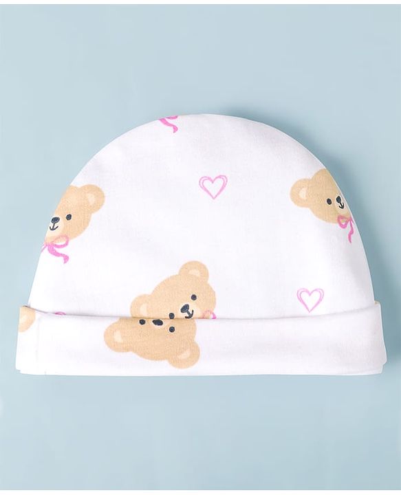 Babyhug 100% Cotton Interlock Knit Cap Mittens & Booties Bear Face Print - Diameter 10.5 cm