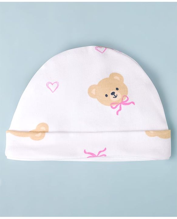 Babyhug 100% Cotton Interlock Knit Cap Mittens & Booties Bear Face Print - Diameter 10.5 cm