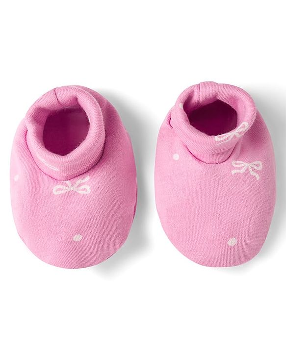 Babyhug 100% Cotton Interlock Knit Cap Mittens & Booties Bow Print - Diameter 10 cm
