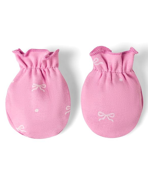 Babyhug 100% Cotton Interlock Knit Cap Mittens & Booties Bow Print - Diameter 10 cm