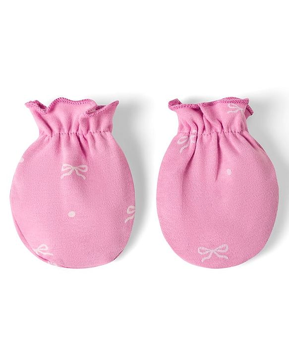 Babyhug 100% Cotton Interlock Knit Cap Mittens & Booties Bow Print - Diameter 10 cm