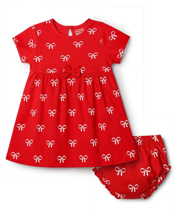 Babyhug 100% Cotton Single Jersey Knit Half Sleeves Bow Printed Frock With Bloomer & Bow Applique - Red